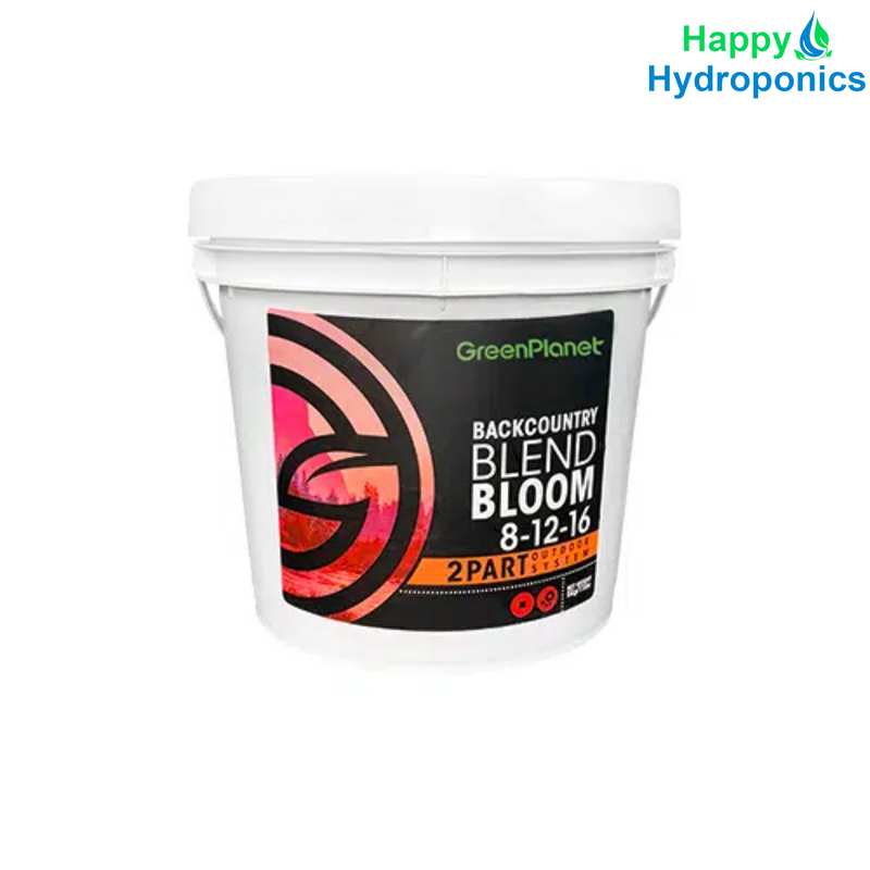 Green Planet BackCountry Blend Bloom 100g in white background with Happy Hydroponics Logo on top right 